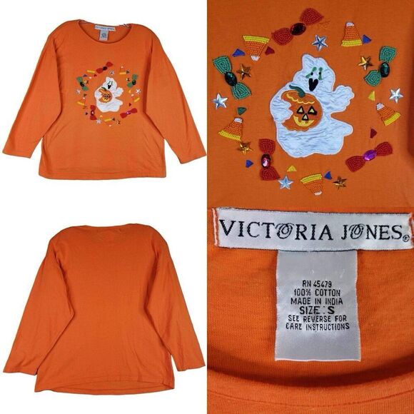 Vintage Victoria Jones Shirt LS Womens Size Small S Orange Ghost Halloween - Picture 1 of 7
